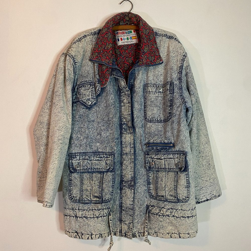 Vintage Paris Sport Club Universal Acid Wash Denim Paisley Lined Coat 1980s - Picture 1 of 6